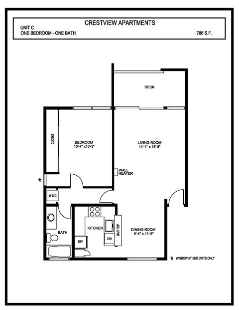 A drawing of a floor plan for a one bedroom, one bath apartment.